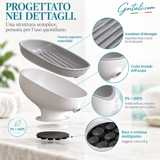 🛁✨ Portasapone con sistema di drenaggio e ventosa – Niente più sapone bagnato. Ordina ora!