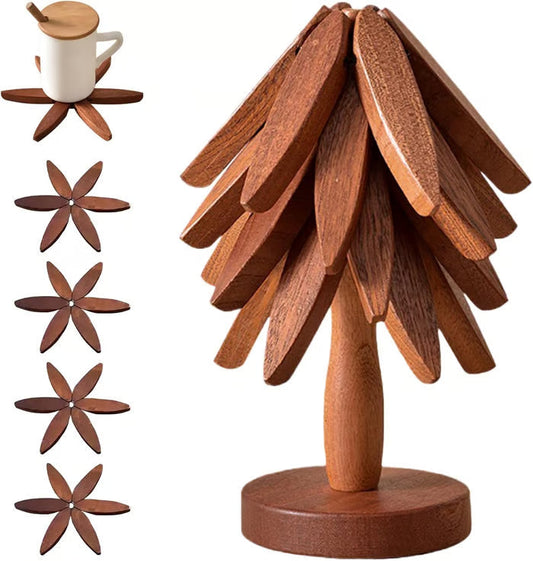 🎨 Set di sottopentole in legno – design a forma di albero, 4 pezzi + supporto. Praticità ed eleganza per la tua tavola! 🍽️