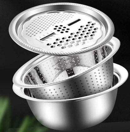 🥗🔪 Questo set 3 in 1 comprende una ciotola, un vassoio di raccolta/scolo e una grattugia con cestello di scolo compatibile con filtro per lavare, scolare e mescolare. 🧽💧🔄