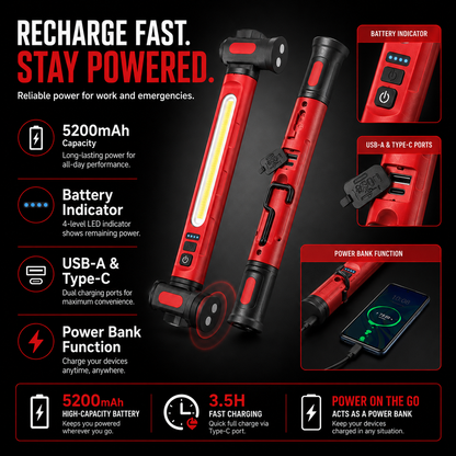 🔦 Lampada da lavoro a LED ricaricabile – 3000 lumen, luce da officina magnetica portatile con rotazione a 360° e funzione power bank
