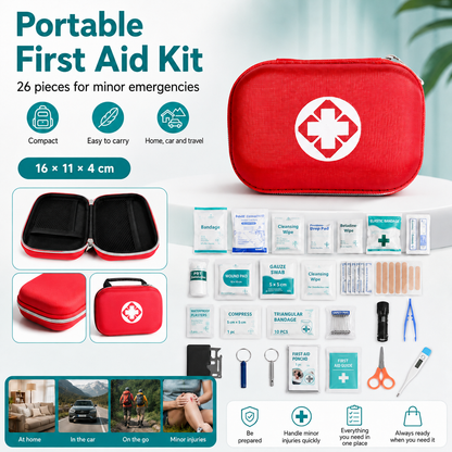 🏥🆘 Kit di pronto soccorso: trousse d'emergenza portatile per la casa — con tutti gli accessori | Set da 26 pezzi 🩹💊