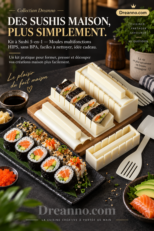 🍣 Kit à Sushi 5-en-1 — Moules Multifonctions HIPS, Sans BPA, Facile à Nettoyer, Idée Cadeau ✨