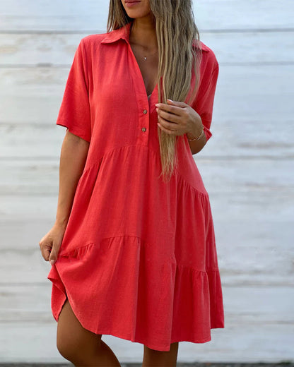 💝 Abito dal colore solido con revers e bottoni, dal taglio classico e dal tessuto leggero e traspirante – comfort e stile per ogni occasione! 🌸🩱👗