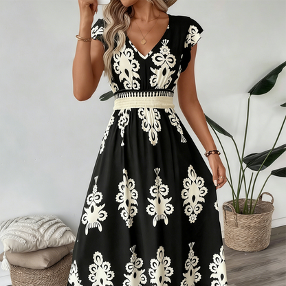 🌞 Nuovo per primavera ed estate 👗 Abito maxi barocco con scollo a V – vita alta, tessuto antirughe – perfetto per vacanze e tutti i giorni ✨🌿