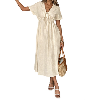 👗 50% DI SCONTO ORA! 🌸 Abito Midi Estivo Donna con Scollo a V, Legatura sul Davanti – Vita Impero, Gonna a Linea A Morbida e Fresco Misto Cotone ☀️