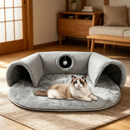 🐱🧸✨ Cuccia a tunnel 2 in 1 in peluche per gatti 🚪🌈🏠