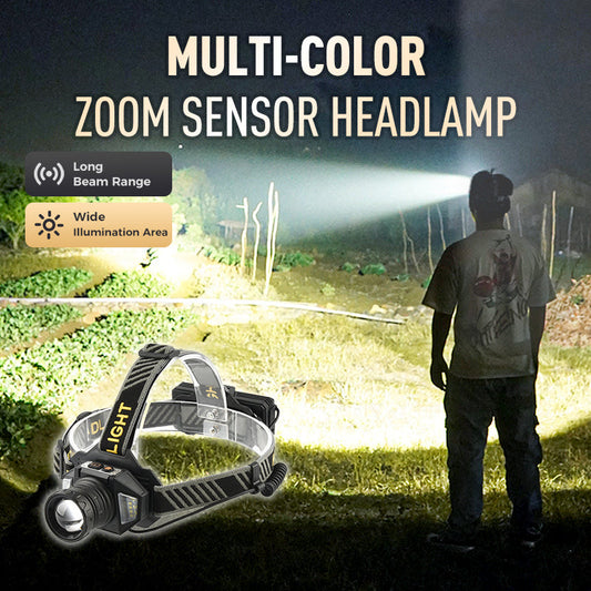 🔦 Lampada frontale con sensore zoom multicolore – luce potente, colori infiniti! 🌈✨