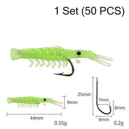 🦐 Set da 50 esche a gamberetto realistiche con ami – pronte all’uso per una pesca da record! 🎣✨