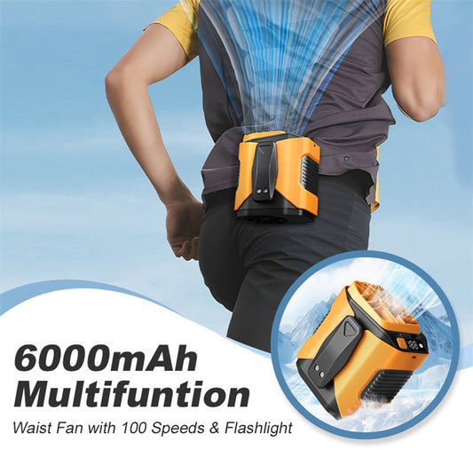 💨 Ventilatore da vita multifunzione 6000 mAh – 100 velocità regolabili e torcia integrata, fresco e potente ovunque! 🔋🔦✨
