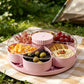 🌺✨ Vassoio portasnack girevole a forma di fiore – Con coperchio antipolvere, perfetto per buffet e feste! 🍬🎉