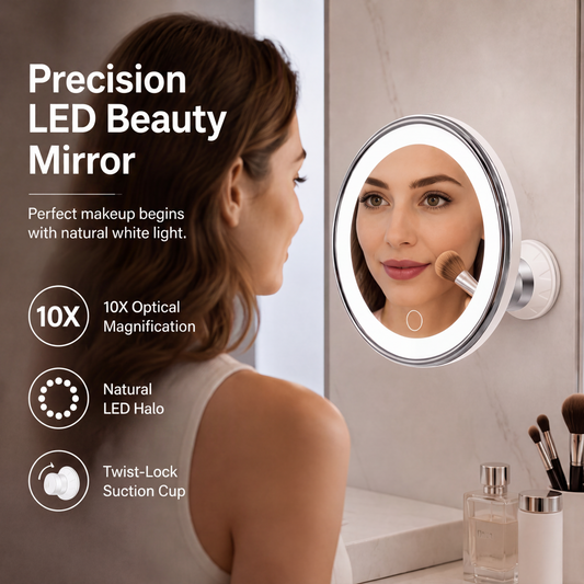 🔍💡 Specchio da Trucco con Ingrandimento 10x, Luce LED e Ventosa – Ideale per Trucco, Sopracciglia e Dettagli ✨