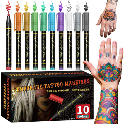 🖊️Goitali® Pennarelli Cosmetici per Tatuaggi Temporanei sulla Pelle – 10/15 Colori Vivaci, Punta a Pennello Flessibile, Atossici ✨