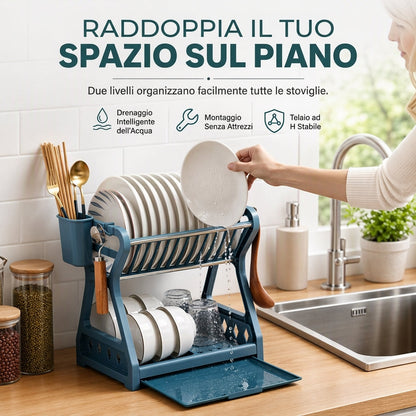 🍽️Goitali® Scolapiatti 2 Livelli Salvaspazio con Vassoio Raccogligocce | Struttura Rinforzata con Portaposate e Ganci | Organizzatore Verticale per Cucina ✨