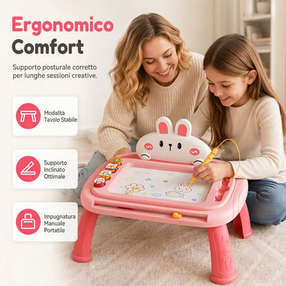 🎨 Lavagna Magnetica e Tavolo da Disegno per Bambini | Schermo a 4 Colori Cancellabile con Gambe Rimovibili | Include Penna Magnetica e 4 Timbri per Gioco Senza Macchie ✏️🐰