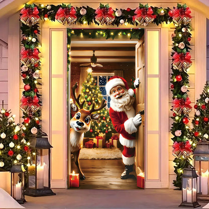 🎅 Goitali® Copertura Natalizia per Porta con Babbo Natale e Renna – Tessuto Elasticizzato e Foro per Maniglia Fai-da-te ✨