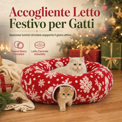 🎄🐟 Tunnel per gatti e cuccia natalizia – Grotta per gatti a ciambella e cuscino, edizione limitata, rimovibile e lavabile 🎁✨