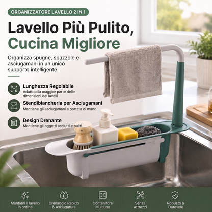 ✨ Supporto organizzativo 2 in 1 per lavello – portaspugna estendibile e asta asciugatura per strofinacci da cucina
