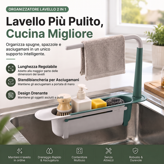 ✨ Supporto organizzativo 2 in 1 per lavello – portaspugna estendibile e asta asciugatura per strofinacci da cucina